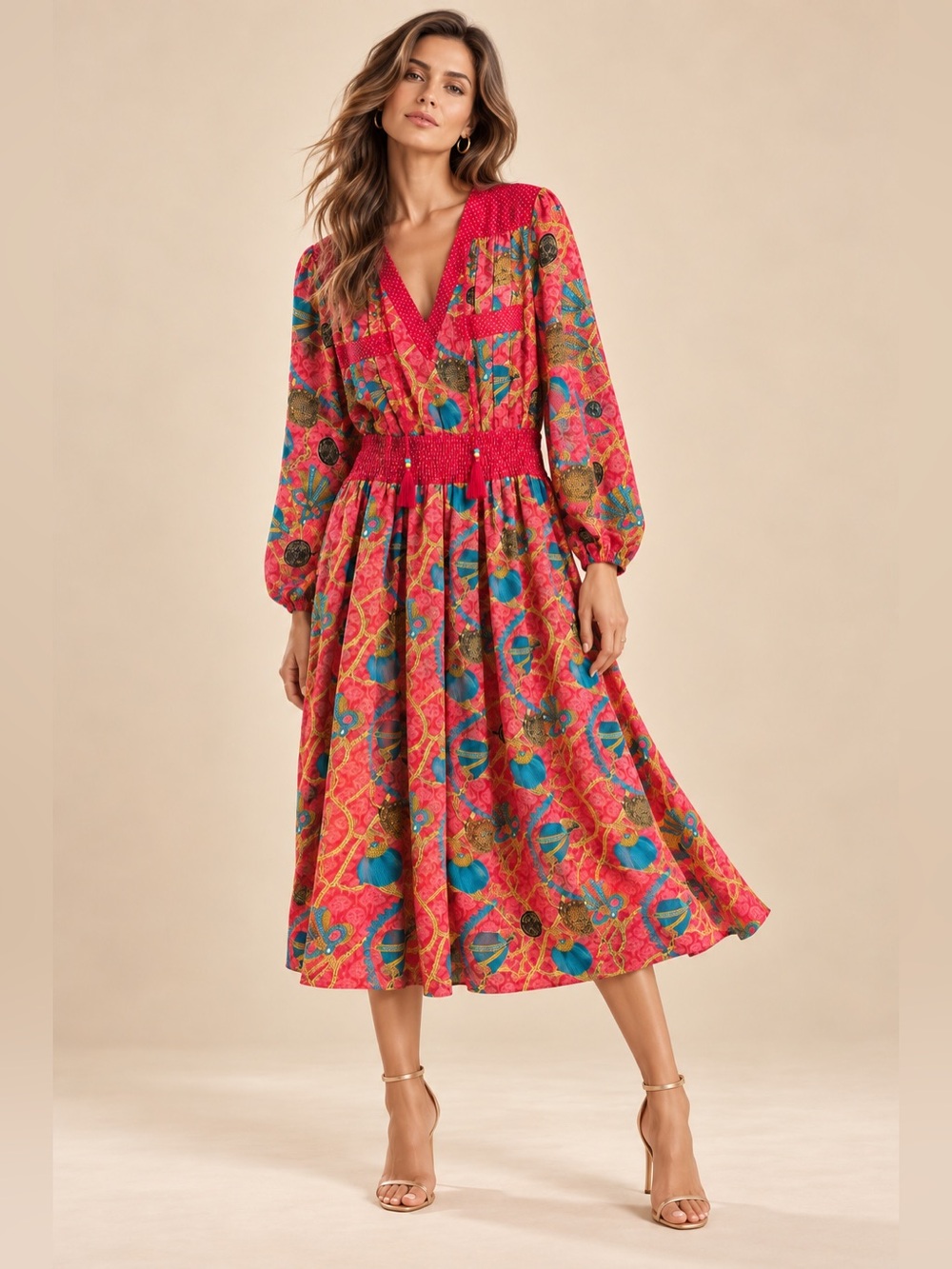 Vintage Diane Freis Petites Georgette Fall Maxi Dress Chain Tassel Floral Print